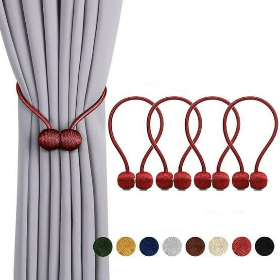 Magnetic Curtain Tiebacks,Modern Curtain Holdbacks Drape Tie Backs Buckles Weave Ropes Holders for Window Draperies (4 Pack, Red)