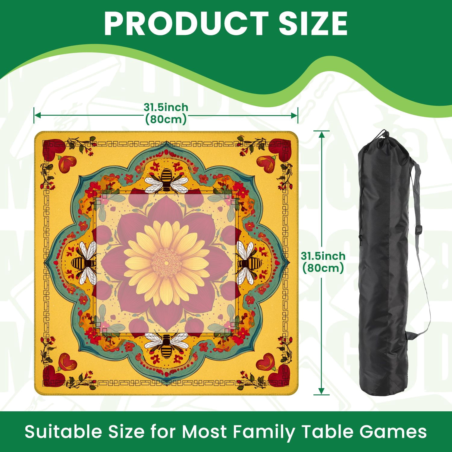Mahjong Mat 31.5" x 31.5" Floral Mandala Bees Hearts Warm Red Yellow Decorative Non-Slip Noise Reduction American Mahjong Tiles Table Cover for Dominoes Poker Card Board Games Gift