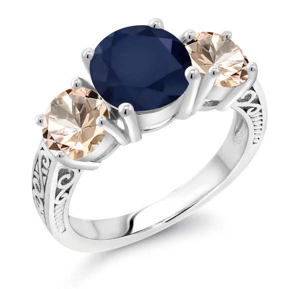 Gem Stone King 925 Sterling Silver Blue Sapphire and Peach Morganite Engagement Ring for Women | 3.66 Cttw | Round 8MM | Gemstone September Birthstone | Size 8