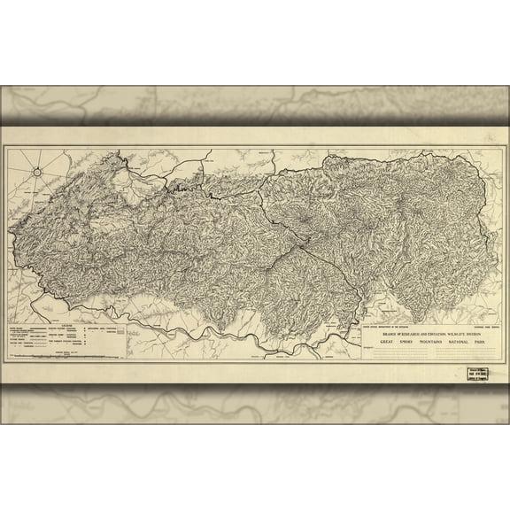 24"x36" Gallery Poster, map of Great Smoky Mountains National Park 1935