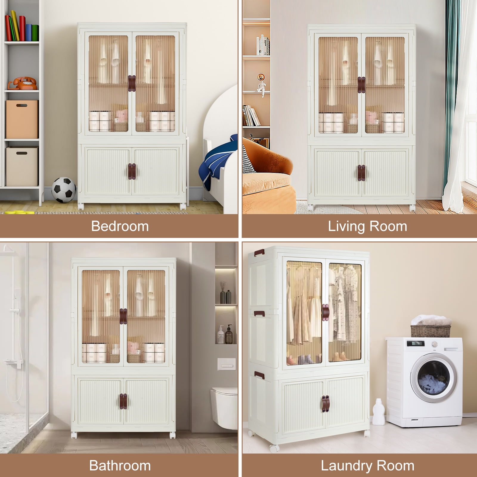 Portable Folding Closet With Hanging Rod - Stackable Storage Cabinet With Wheels & Doors