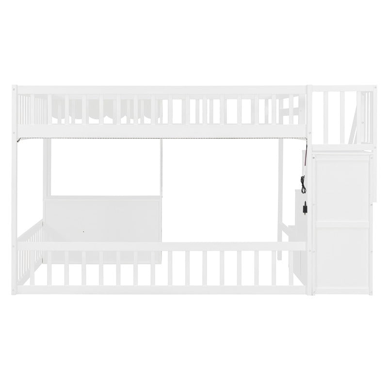 Full Size Playhouse Kids Loft Bed with Eaves Design, Wood Child Bed Frame with Storage Staircase, LED Light & Under Bed Cabinets