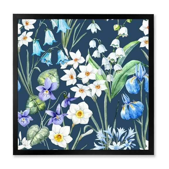Blue and White Spring Flowers On Dark Blue 36 in x 36 in Framed Painting Canvas Art Print, by Designart