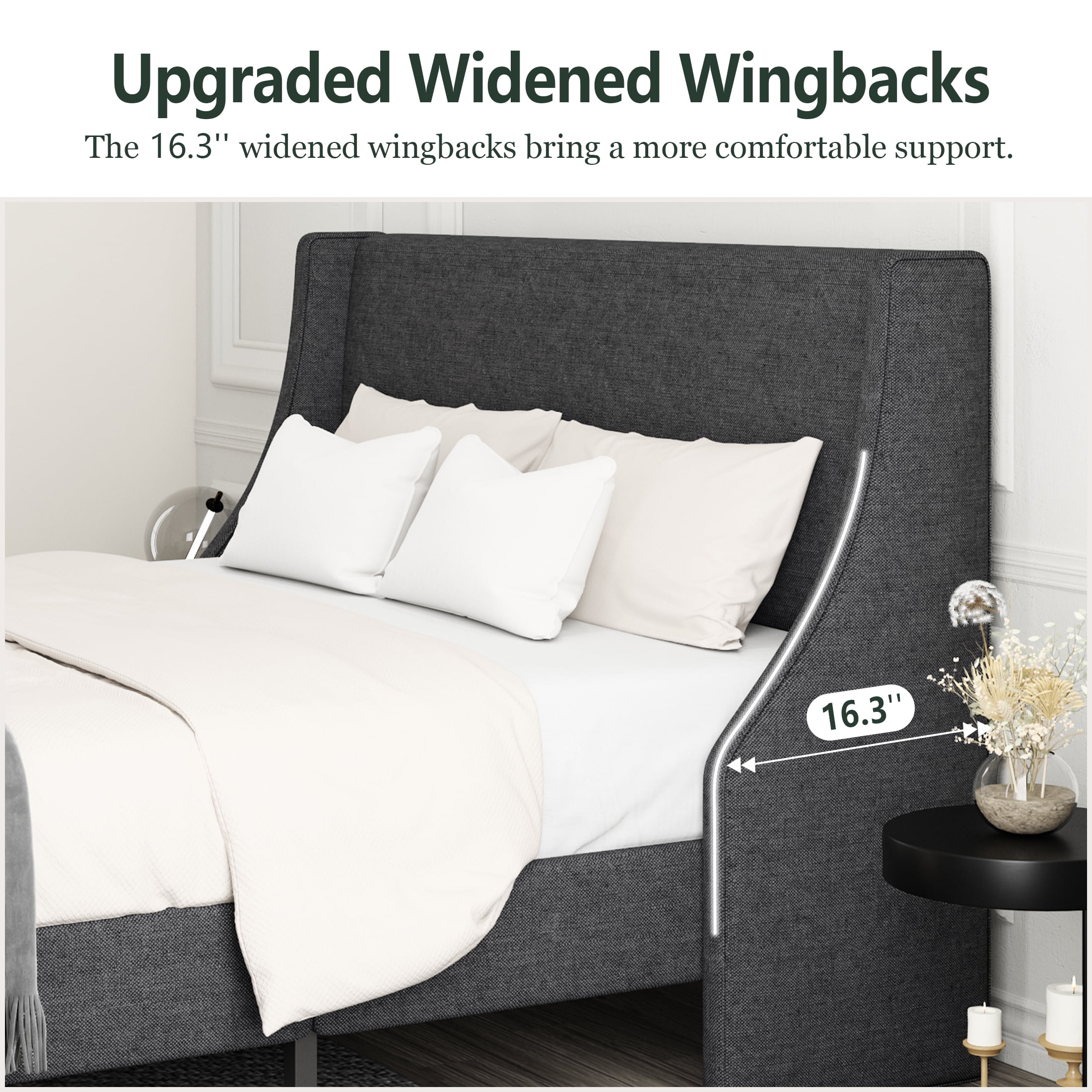 Amolife Queen Size Modern Platform Upholstered Bed Frame with Deluxe Wingback, Deep Grey