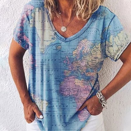 Plus Size Tops for Women Blouse Shirts Map Print Short Sleeve V-Neck Pullover Tops Tee