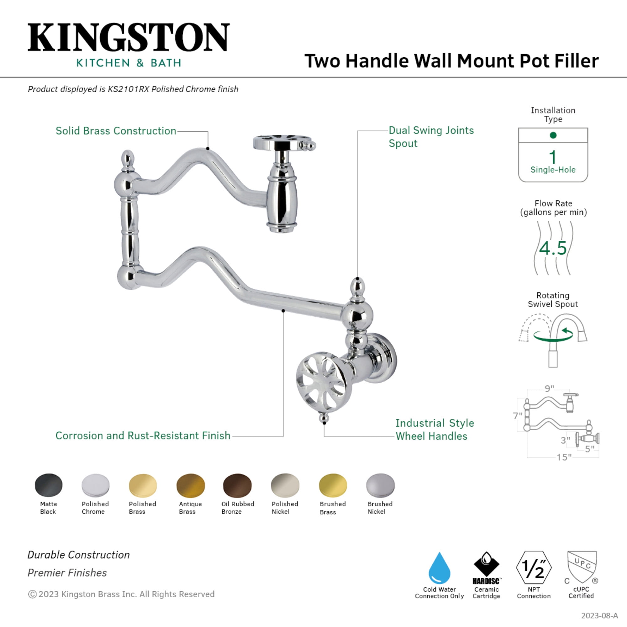 Kingston Brass KS2101RX Belknap Wall Mount Pot Filler Faucet, Polished Chrome