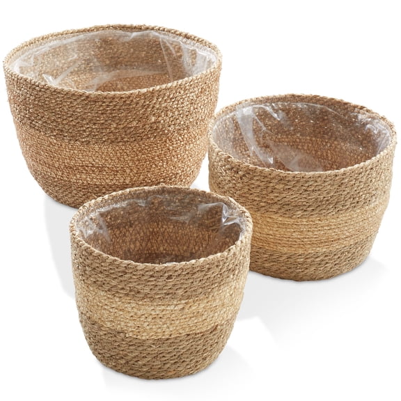 Casafield Set of 3 Seagrass Planter Baskets - Two-Tone, Hand Woven Indoor Flower Pot Covers with Liners for Plants, Succulents, Home Decor