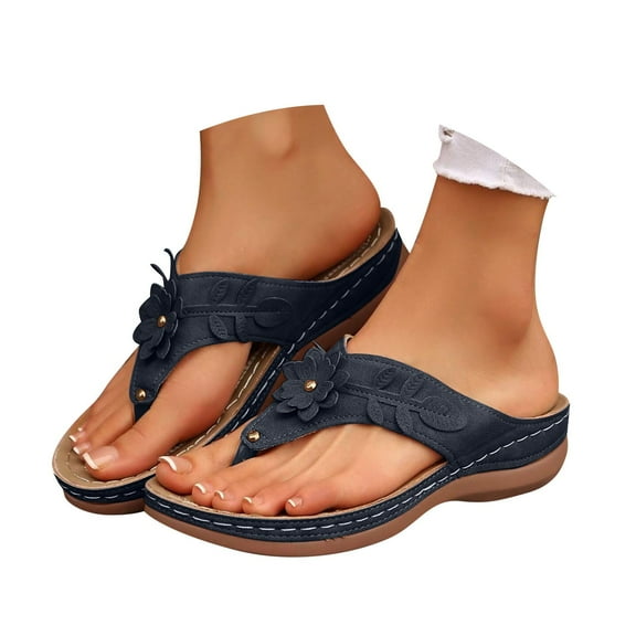Wedge Orthopedic Flip Flops for Womens 2025 Summer Beach Flower Leather Thongs Slip on Slippers Dress Sandals