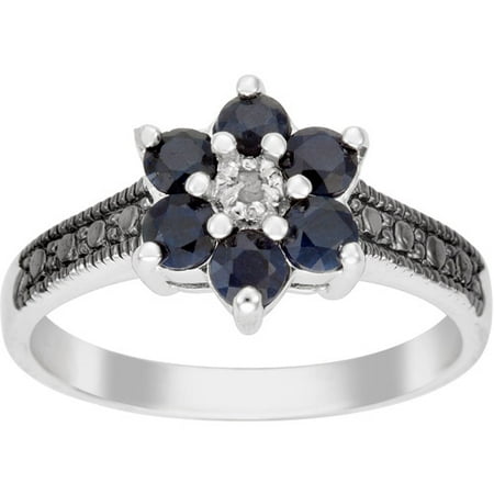 Black Sapphire and Diamond Accent Sterling Silver Two-Tone Flower Ring