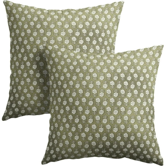 Vintage Print Floral Throw Pillow Covers 18X18 Inches Set of 2 Sage Green Floral Block Print Pillowcase Soft Square Neutral Pattern Cushion Covers for Home Sofa Patio Bedroom
