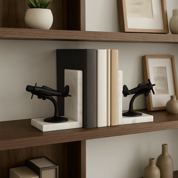 Decorative Metal Airplane Bookends on Marble Stand - Modern Book Accessories for Home Library or Entryway Table - Fun Book Ends for Office Spaces and Desk Decor - Set of 2, 6", Black & White