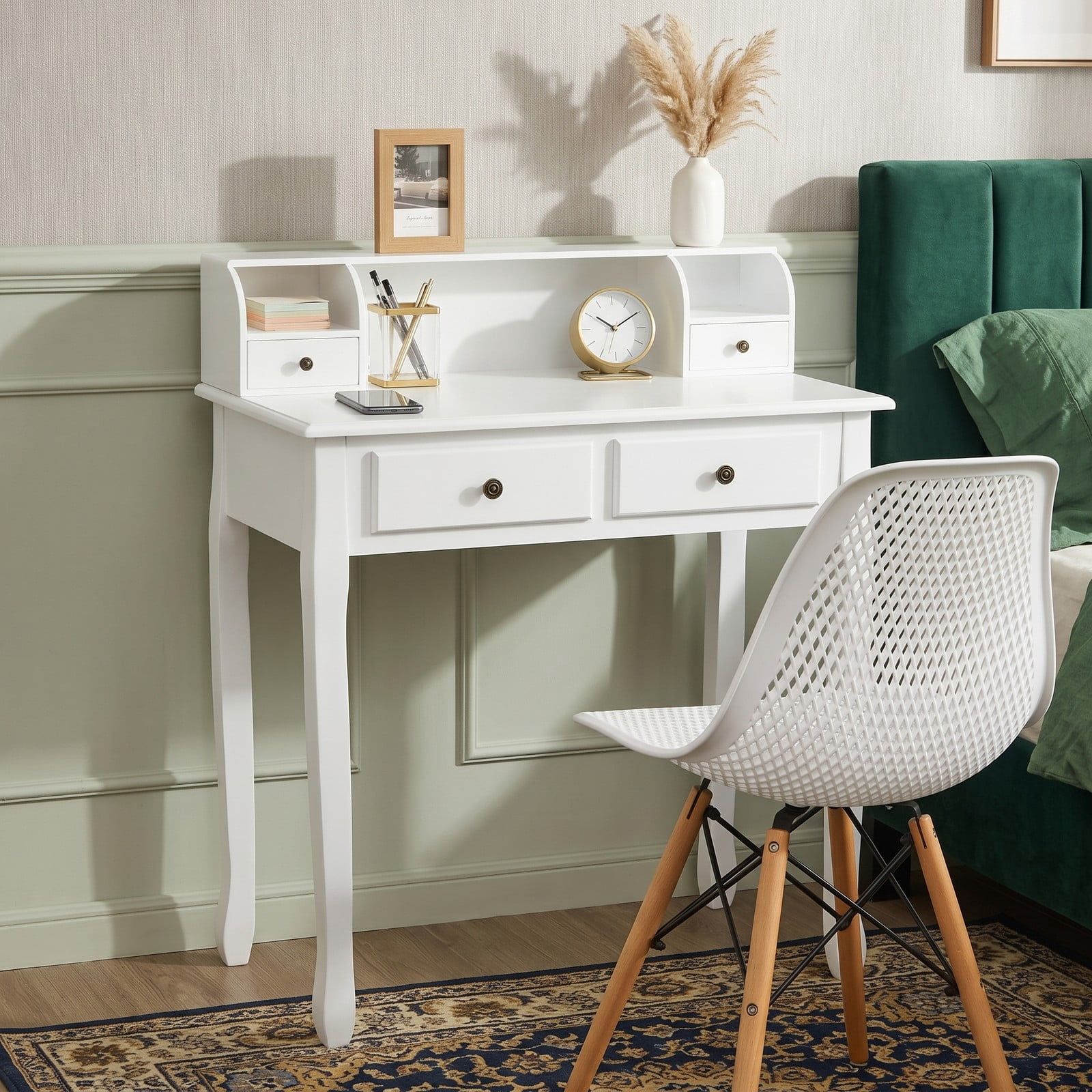 Furnibear Vanity Desk with 4 Drawers, 2-Tier Writing Desk Computer Desk with Detachable Storage Cabinet for Home Office and Bedroom, White