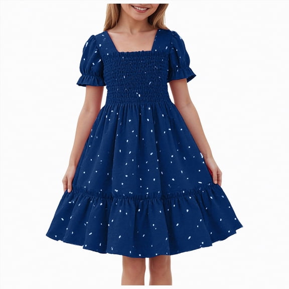 HCNTES Toddler Girls Children Summer Dress Short Sleeve Casual Party Dress for Little Kids Big Kids 1-7T 8-11T(7-8 Years,L04-Blue)