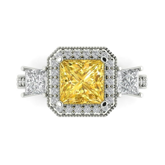 Three-Stone Engagement Ring for Women - 3.005ct Simulated Yellow Diamond in 18K White Gold Promise Ring