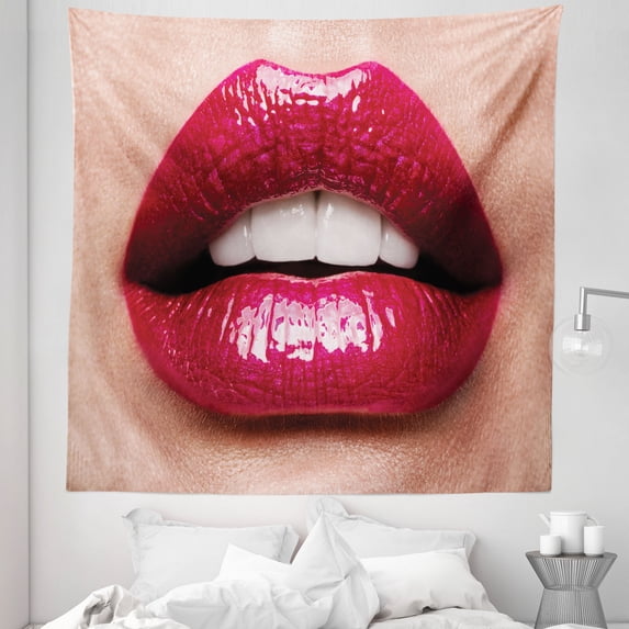 Women Tapestry, Macro Photo of Lady Lips in Fashion Makeup White Teeth Mouth Close up Model, Fabric Wall Hanging Decor for Bedroom Living Room Dorm, 5 Sizes, Magenta and Peach, by Ambesonne