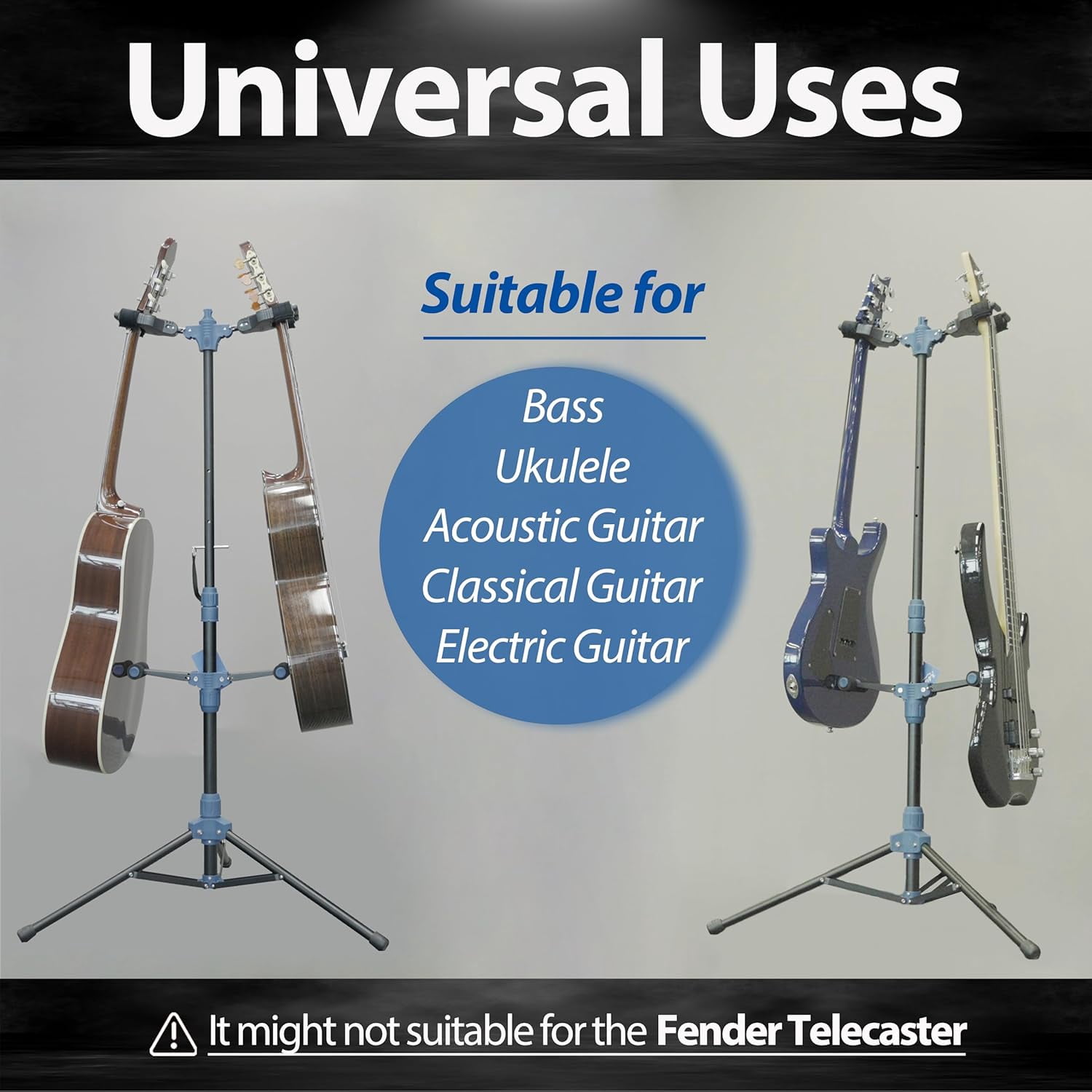 Folding Dual Guitar Stand with Auto-Lock System and Soild Tripod, Double/Multiple Guitar Stand/Holder/Rack for Single Bass, Acoustic, Electric, Classical Guitar or Ukulele
