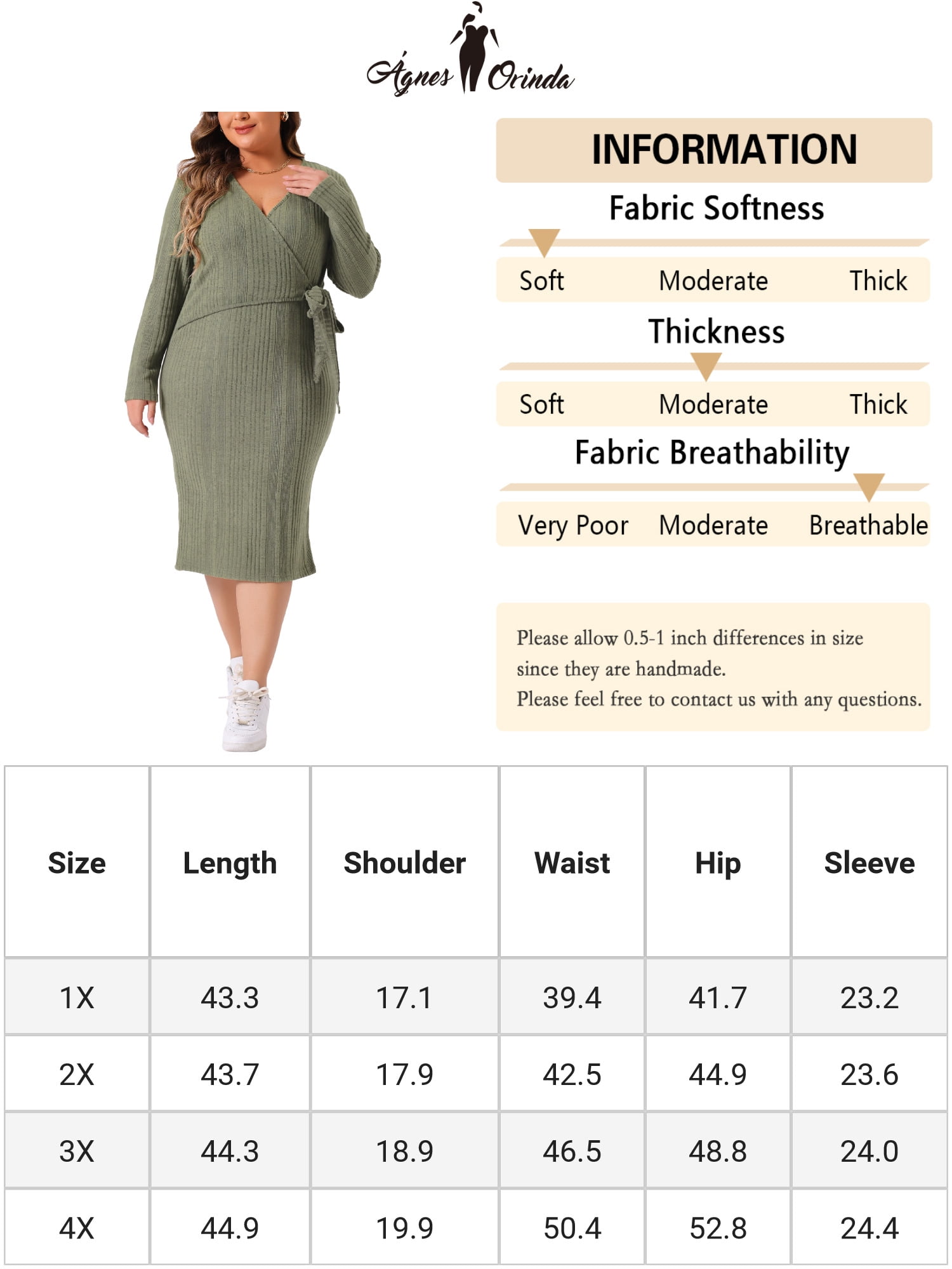 DARING DIVA Plus Size Sexy Wrap V Neck Long Sleeve Midi Dress 2X Green