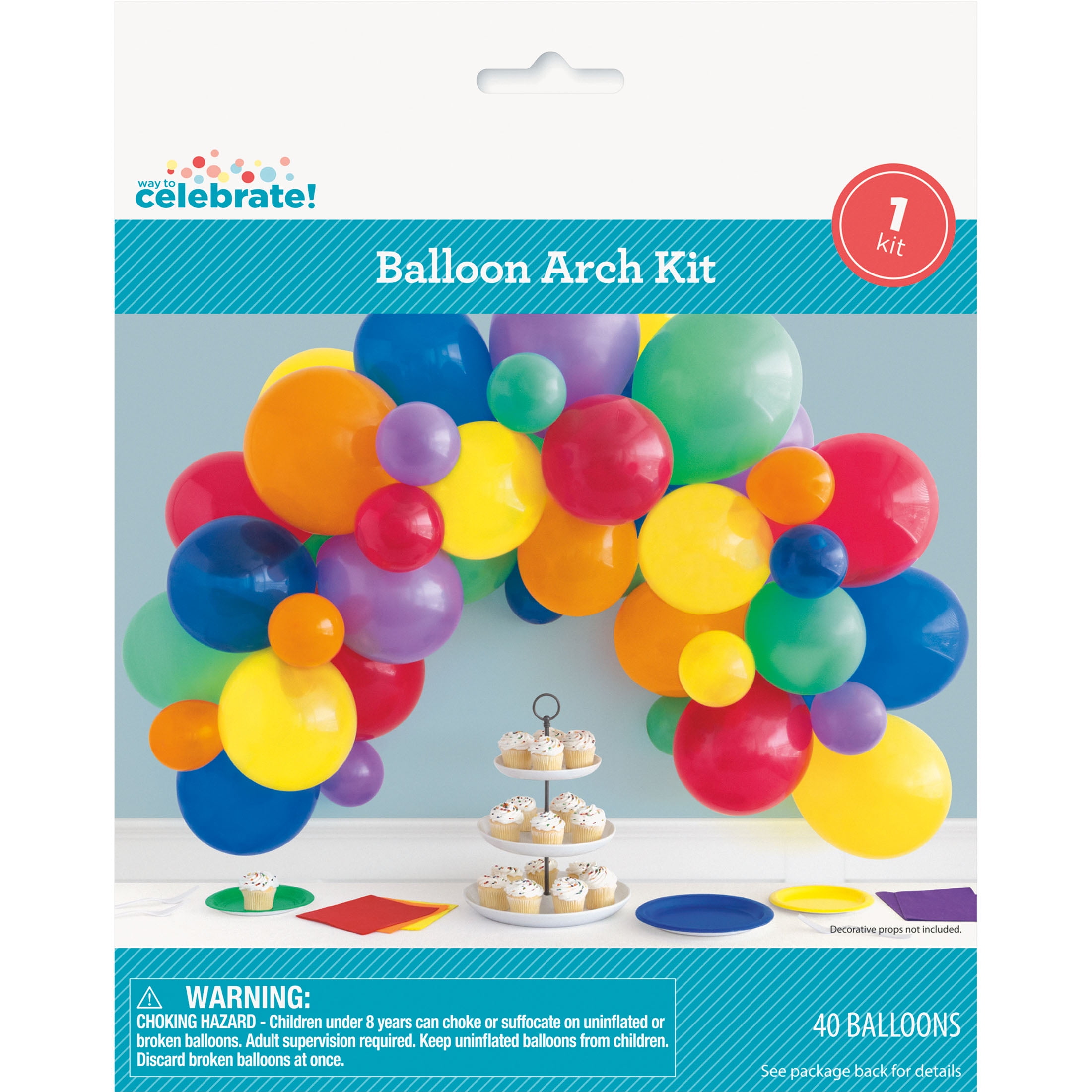Way to Celebrate! Latex Balloon Arch Party Kit, Assorted Rainbow, 40pcs