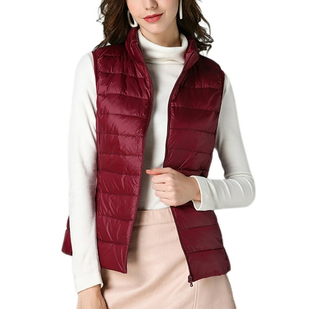 Avamo Women Waistcoat Sleeveless Puffer Vest Stand Collar Down Vests Casual Outwear Winter Jacket Wine Red S