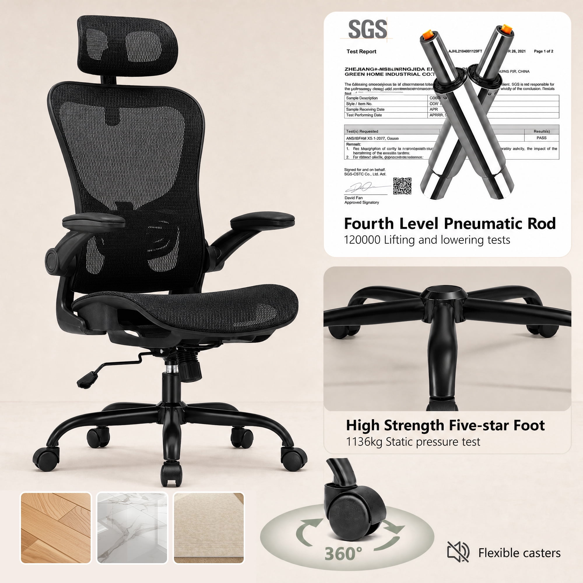 LUCKLIFE Ergonomic Mesh Office Chair, High Back Task Chair with Flip-up Arms, Adjustable Headrest & Lumbar Support for Home Office, Black