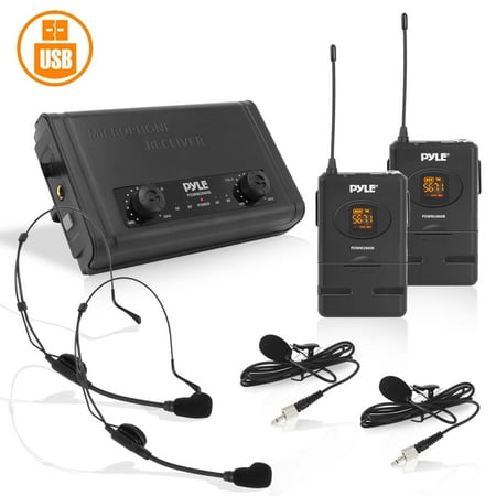 Pyle PDWM2880B - Compact UHF Micro System - USB Powered Desktop Mic Receiver System with Adjustable Volume Control Includes (2) Belt-Pack Transmitters (2) Headsets & (2) Lavalier Mics (2-C