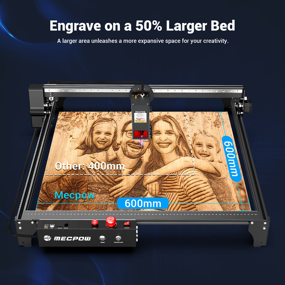Mecpow X5 Pro 33W Engraver, Auto Air Assist, 0.08×0.1mm Precision Spot, 28000mm/min Speed, Safety Lock, Emergency Stop, Offline Operation, 600×600mm Work Area