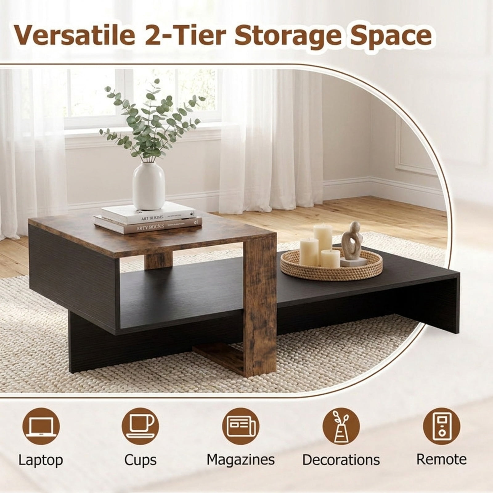 Furnibear 2 Tier Modern Irregular Coffee Table with Open Storage Shelf and Geometric Silhouette for Living Room for Home and Living Space, Black