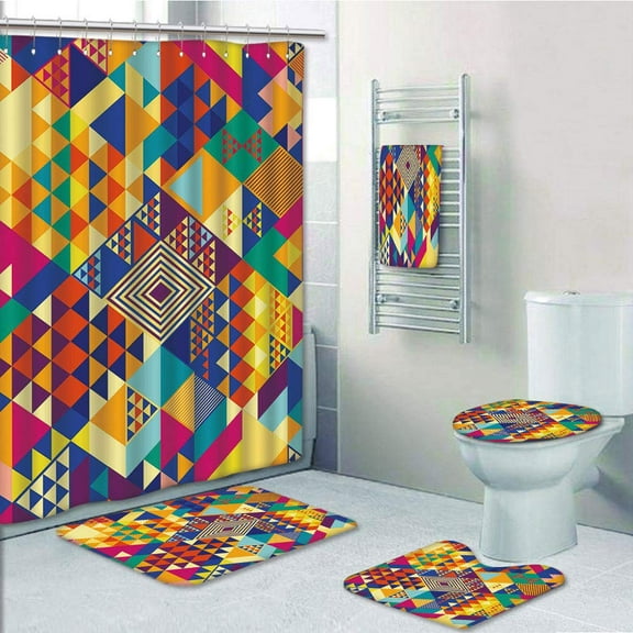 PRTAU Colorful Random Triangles Vibrant Composition Geometrical Modern Artful Dynamic 5 Piece Bathroom Set Shower Curtain Bath Towel Bath Rug Contour Mat and Toilet Lid Cover