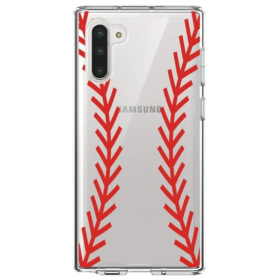 DistinctInk Clear Shockproof Hybrid Case for Samsung Galaxy Note 10 (6.3" Screen) - TPU Bumper, Acrylic Back, Tempered Glass Screen Protector - Red Baseball Stitching
