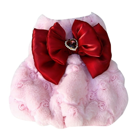 Mightlink Pet Dress Three-dimensional Embroidery Pearl Neckline with Tow Ring Bow Tie Soft Keep Warm Plush Sweet Ladylike Dog Dress for Daily Wear