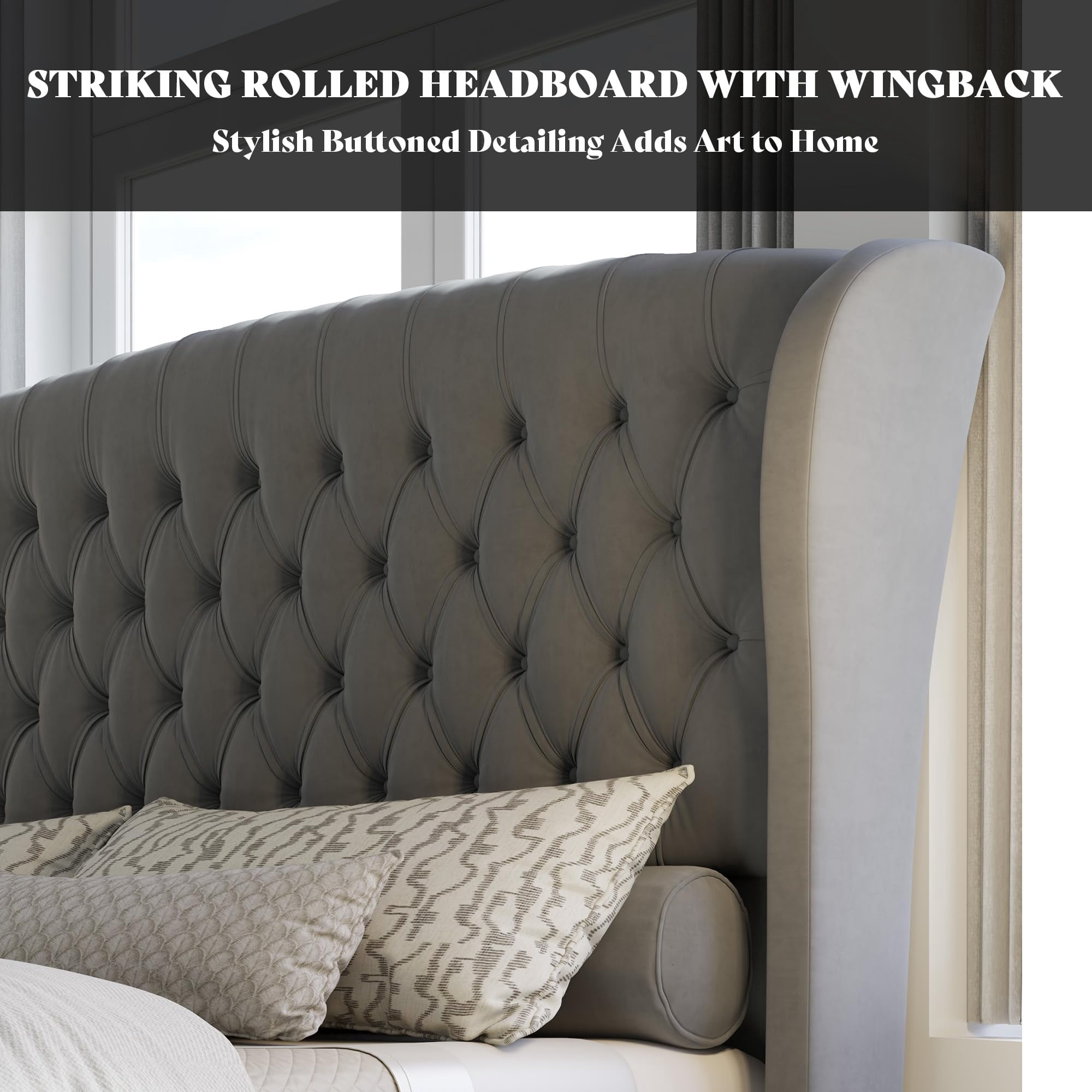 Merluxy California King Size Platform Bed Frame, Velvet Upholstered Sleigh Bed with Scroll Wingback Headboard & Footboard/Button Tufted, Grey