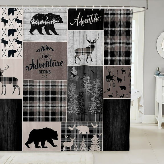 Rustic Cabin Waterproof Bathroom Curtains, Hunting Bear Deer Shower Curtain Vintage Farmhouse Bath Curtain Camper Lodge Room Decor, Vintage Plaid Tree Bathroom Accessories 72" W X 84" L