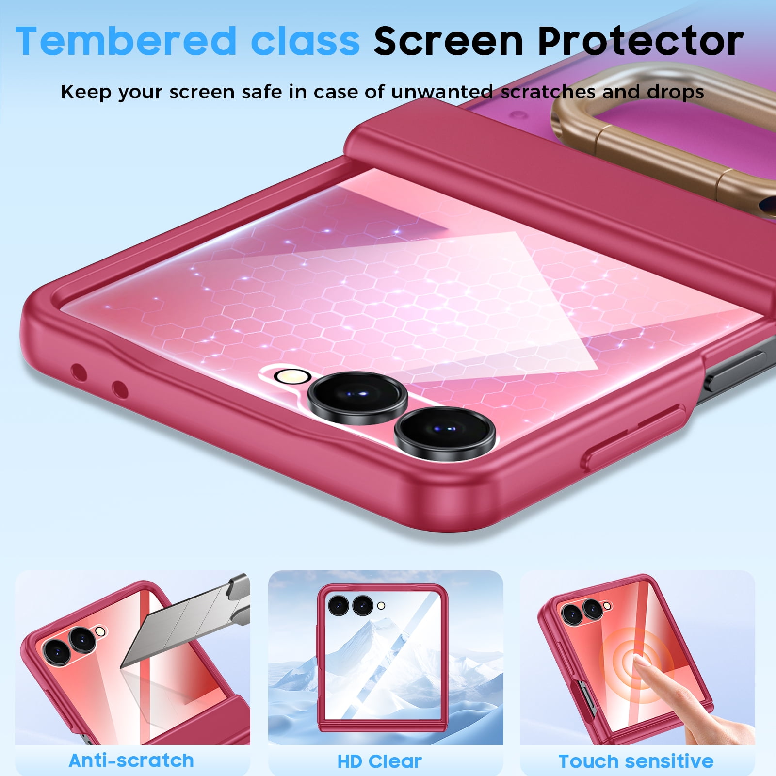 Vizvera for Samsung Galaxy Z Flip 7 Case with Ring Holder & Screen Protector & Hinge Protection,Wireless Charging,Skin Feel Matte PC,Shockproof Phone Case-Rose Red