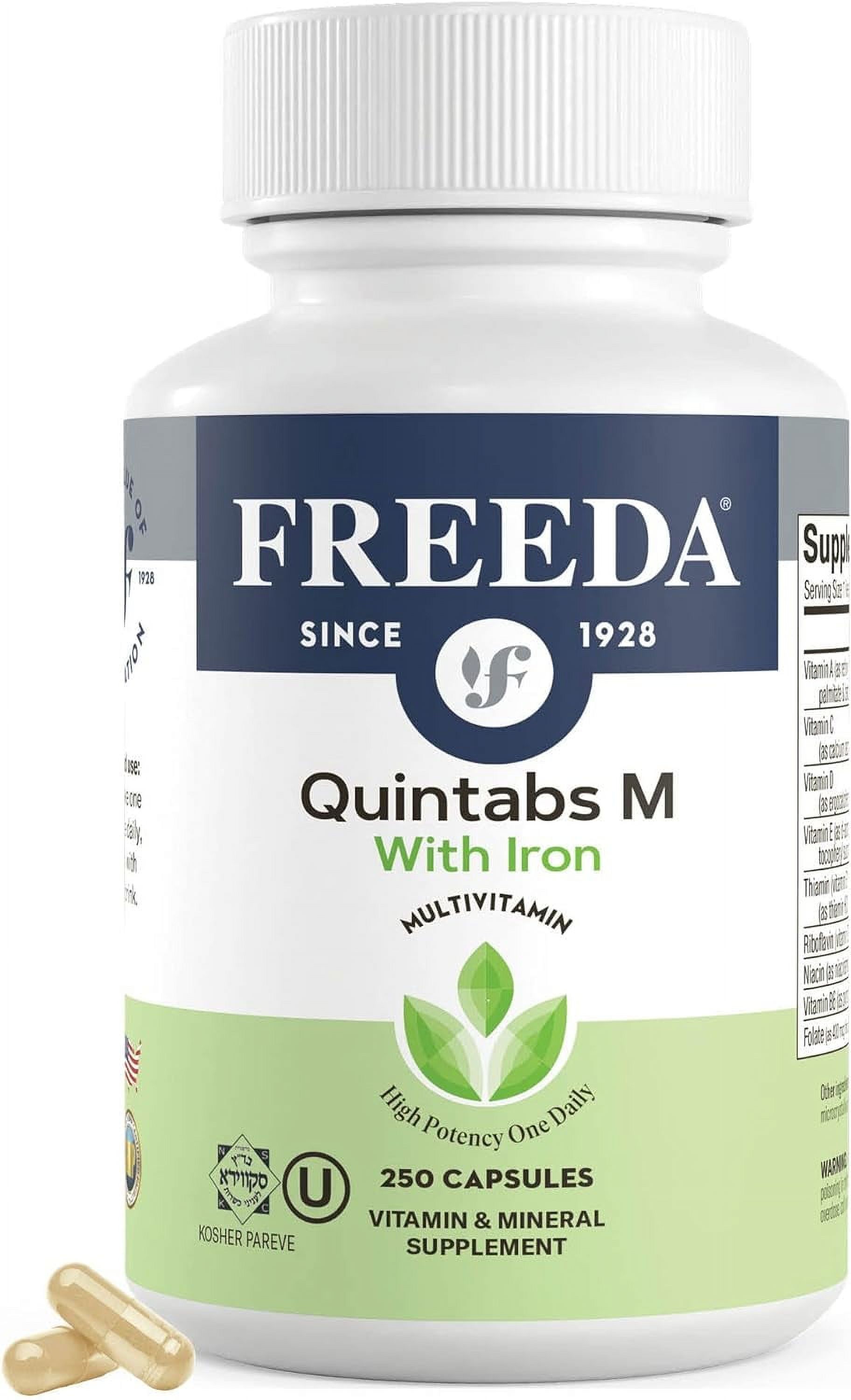 Freeda Quintabs-M with Iron – One Daily Multivitamin for Women & Iron-Deficient Men – 250 Capsules