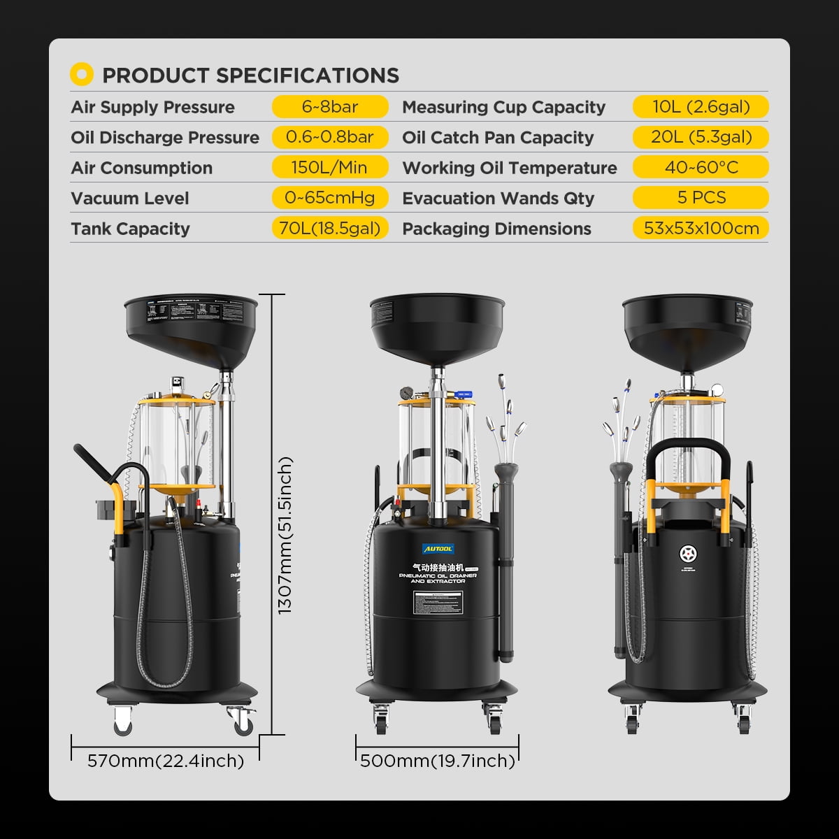 AUTOOL OD720 Pneumatic Oil Drainer & Extractor Vacuum Oil Pumping Machine Waste Oil Drain Tank 10L Large Capacity Portable Oil Drain Container W/ 4 Wheels for Waste Oil Recycling