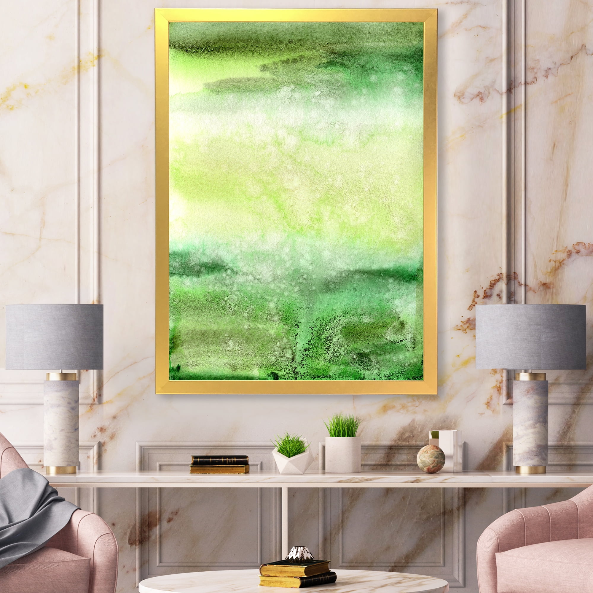 Designart 'Pastel Abstract With Beige and Dark Green & Spots' Modern Framed Art Print