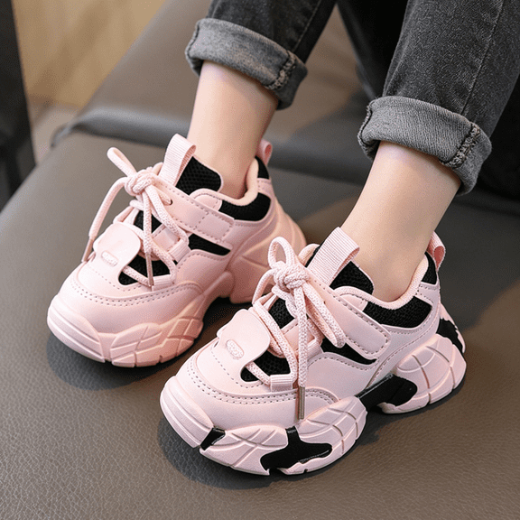 Toddler Chunky Sneakers, Kids Hook and Loop Athletic Shoes, Toddler Girl Slip On Shoes Toddler Running Shoes Athletic Shoes Lightweight Breathable Tennis Sports Sneakers, Pink US-9C/EU-25