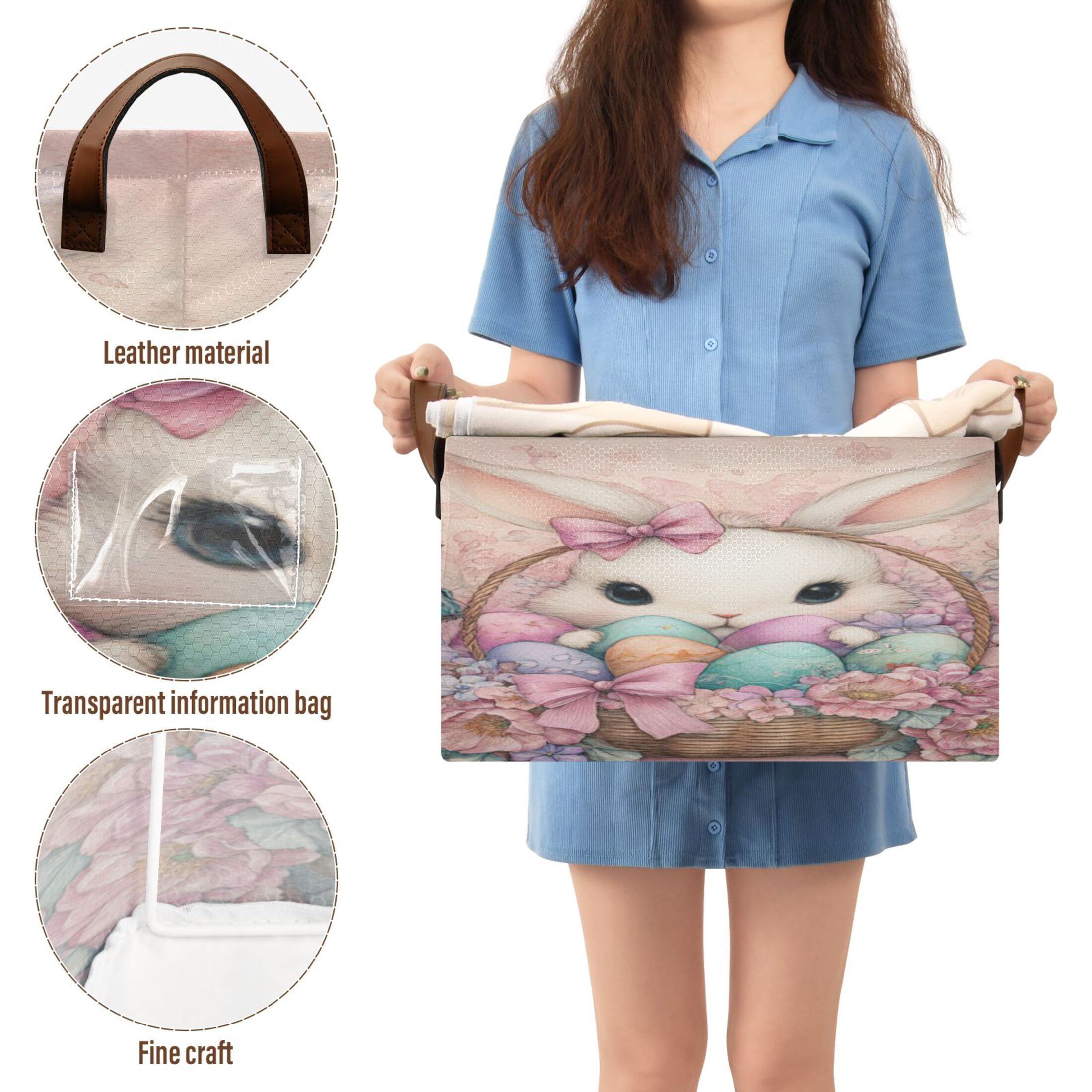 WobogoAdorable Easter Bunny Storage Basket 16.9×11.4×10in Collapsible Oversized with Metal Iron Frame