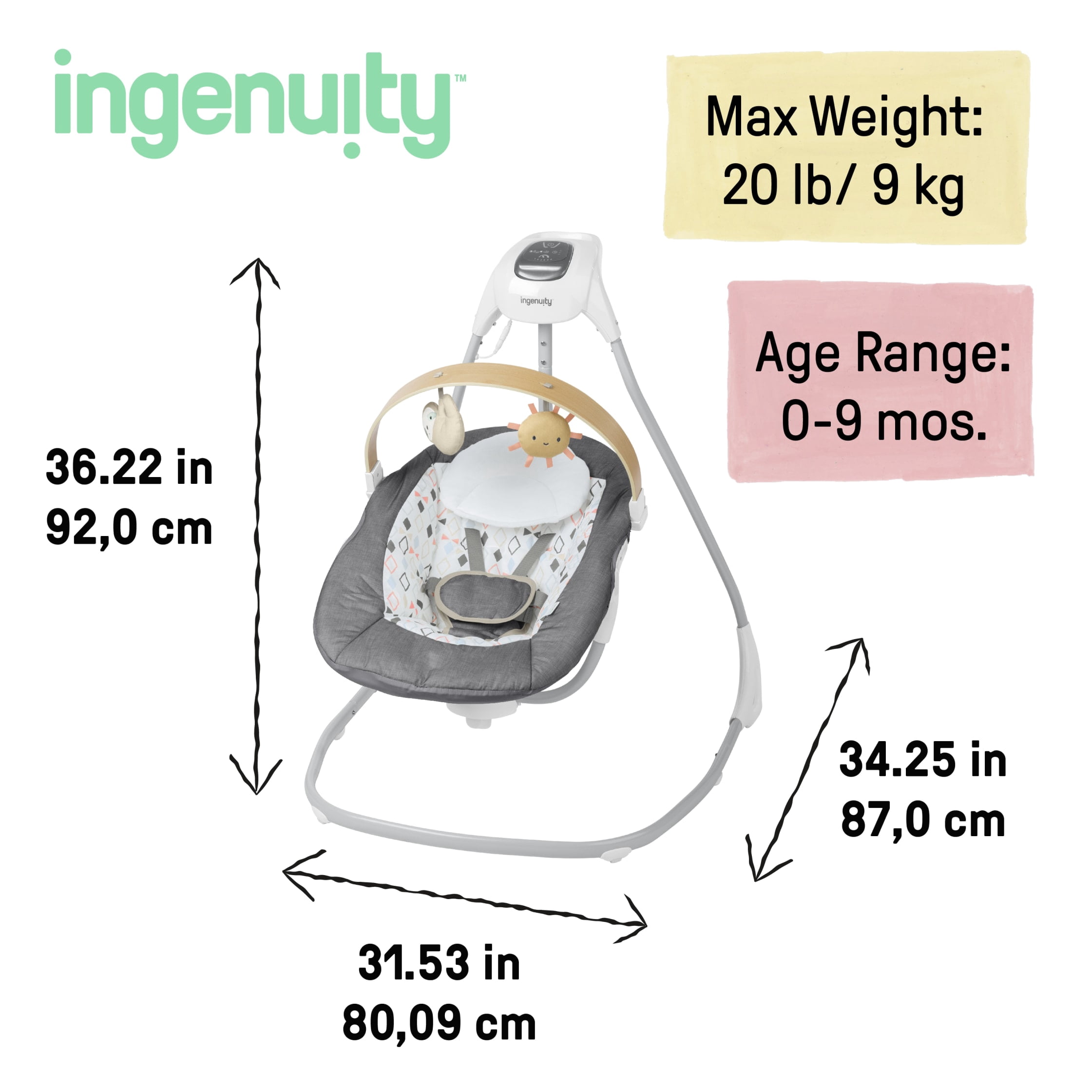 Ingenuity SimpleComfort Soothing Swing Parker, Gray, Ages 0-9 Months