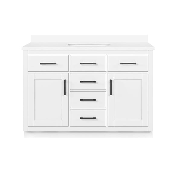 Pemberly Row 48" White Vanity with Top and Matte Black Hardware