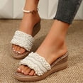 thumbnail image 3 of Womens Rhinestones Pearl Dress Sandals Sparkly Bridal Wedding Platform Wedge Wooden Footbed Beach Slip on, 3 of 7