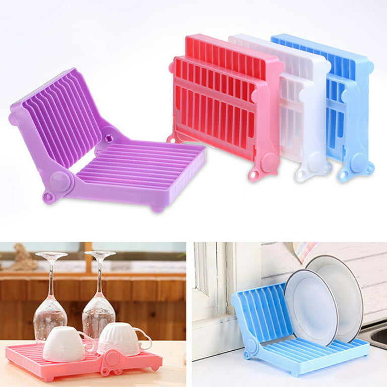 Grofry Kitchen Folding Countertop Dish Bowl Cup Drying Draining Board Rack  Holder Stand Pink 
