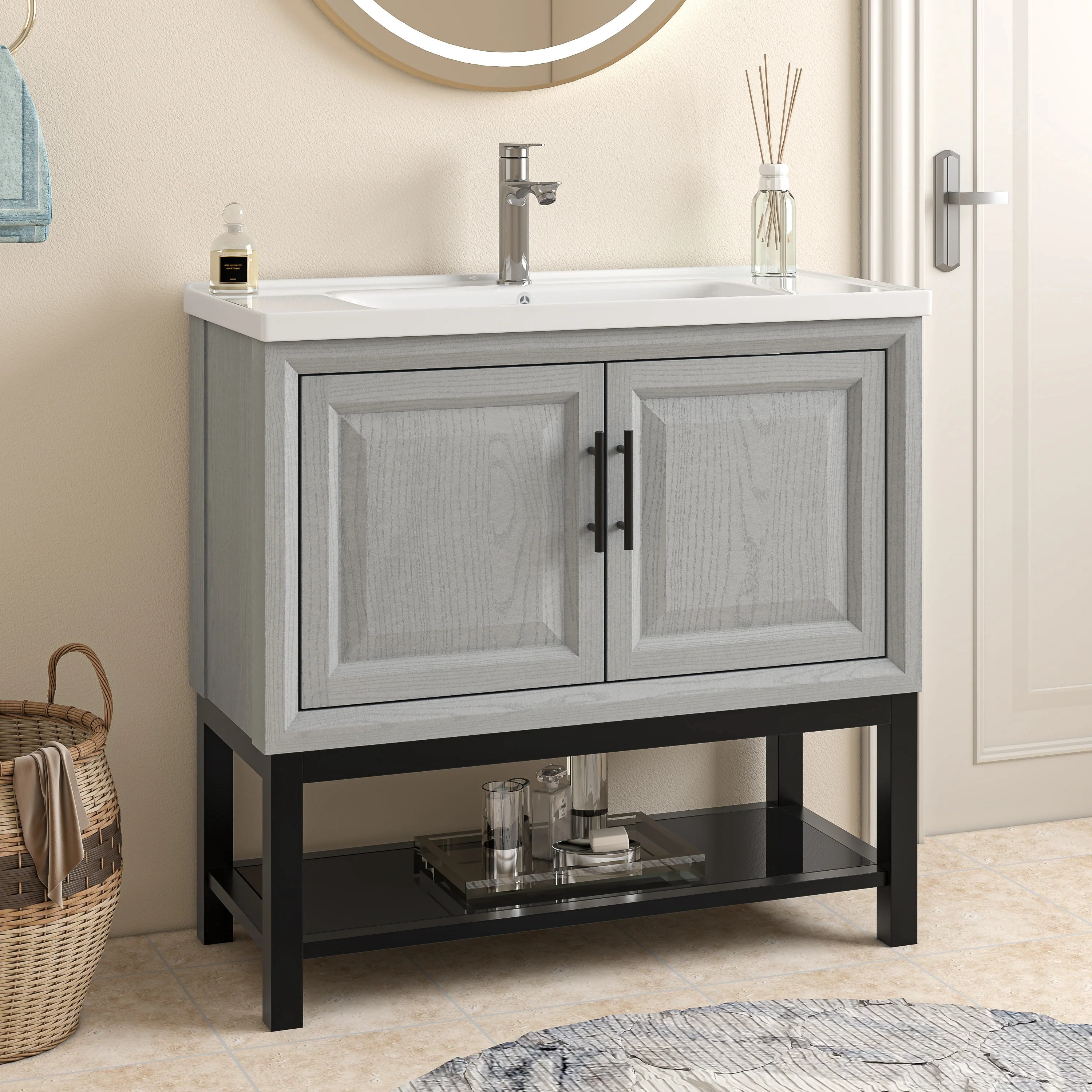 JoyRiver 36" Freestanding Bathroom Vanity with Ceramic Basin, Double-Door Storage & GRC Moisture-Resistant Material – No Faucet, Grey