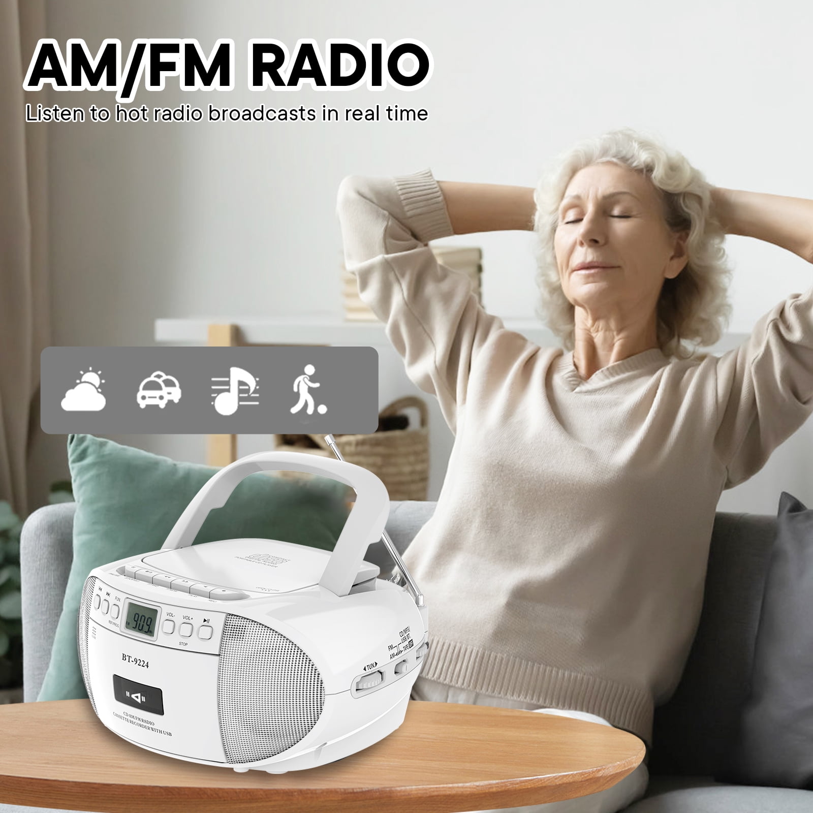 Boombox CD and Cassette Player,Casette Tape Recorder with Remote,AM FM Radio, USB Playback with Earphone Jack, 5.1V Bluetooth Speaker, Battery Operated or AC Powered for Home