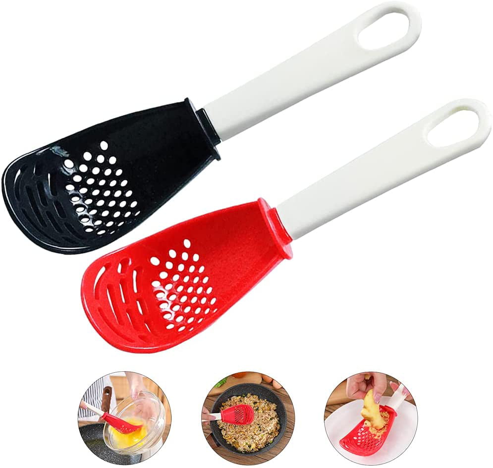 Black red Non-Toxic Heat-Resistant Grating Mashing Draining Kitchen Tools，Skimmer Scoop Colander Strainer Grater Masher Multifunctional Cooking Spoon for Cooking 