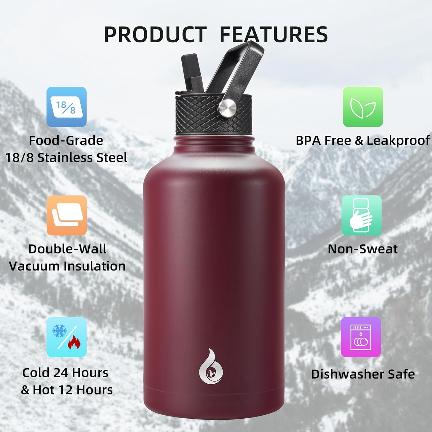 BJPKPK Half Gallon Insulated Water Bottles with Straw Lid,64oz Large Water Bottle,Stainless Steel Water Bottles with 3 Lids and Paracord Handle, Water Bottle for Hot & Cold Liquid, Brick Red
