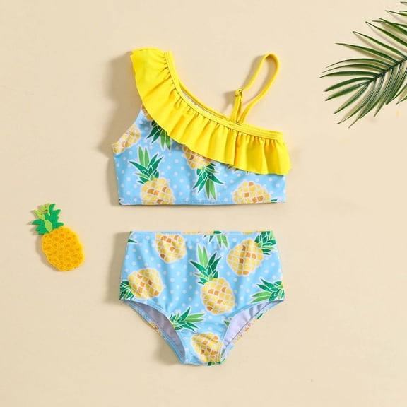 YTCAMLO Two Piece Girls One Shoulder Swimsuits Summer Trendy Pineapple Pattern High Waisted Bathing Suits Cute Ruffle Beach Swimwear, Yellow 18-24 Months