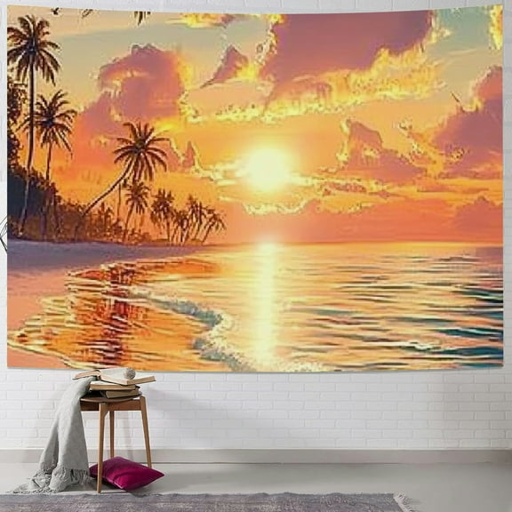 Autua Ocean Beach Tapestry Wall Hanging Tropical Paradise Coconut Tree Hawaiian Waves Cool Seashore Sunset Waves Nature Decoration 40x30inch