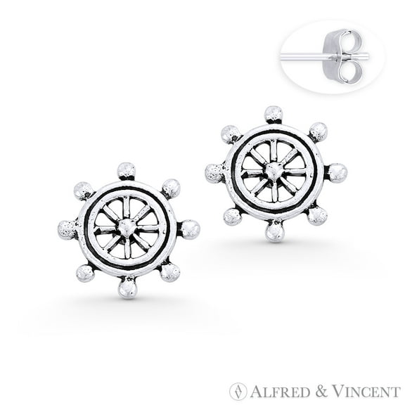 Helm Wheel Nautical Charm Stud Earrings in Oxidized .925 Sterling Silver