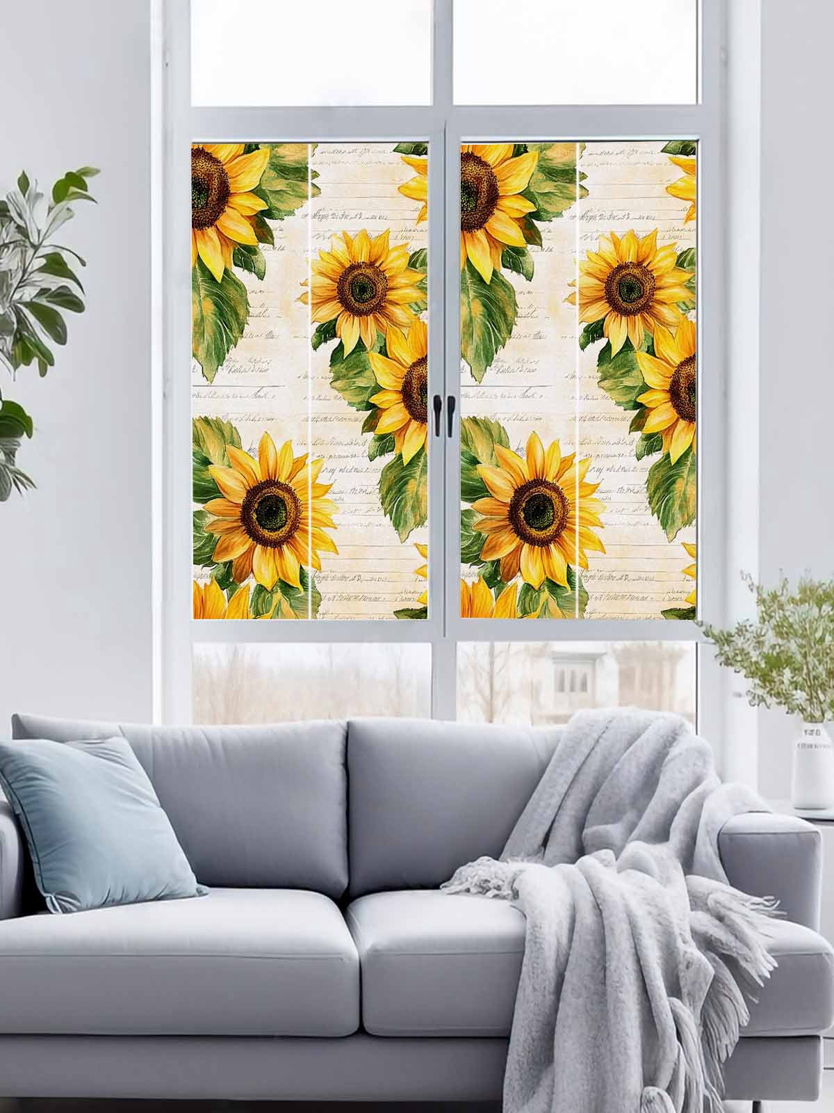 Sun Blocking Glass Window Film, Sunflower Window Privacy Film Frosted, Summer Botanical Vintage Floral Spring Reusable Windows Privacy Sticker for Home Decor, Nursery, 23.6 x 78.7 Inches